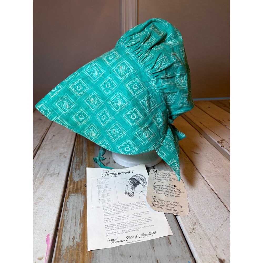 Vintage HankyBONNET Cotton Sun Bonnet Teal Bandana Print Original Insert AS IS